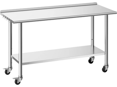 VEVOR Stainless Steel Work Table, 24x60 inch Food Prep Table with Wheels and Backsplash, Commercial Kitchen Workstation with Adjustable Undershelf, Metal Utility Worktable, for Restaurant Home Outdoor