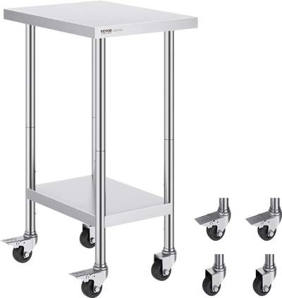 VEVOR Stainless Steel Work Table 24 x 18 x 38 Inch, with 4 Wheels, 3 Adjustable Height Levels, Heavy Duty Food Prep Worktable for Commercial Kitchen Restaurant, Silver