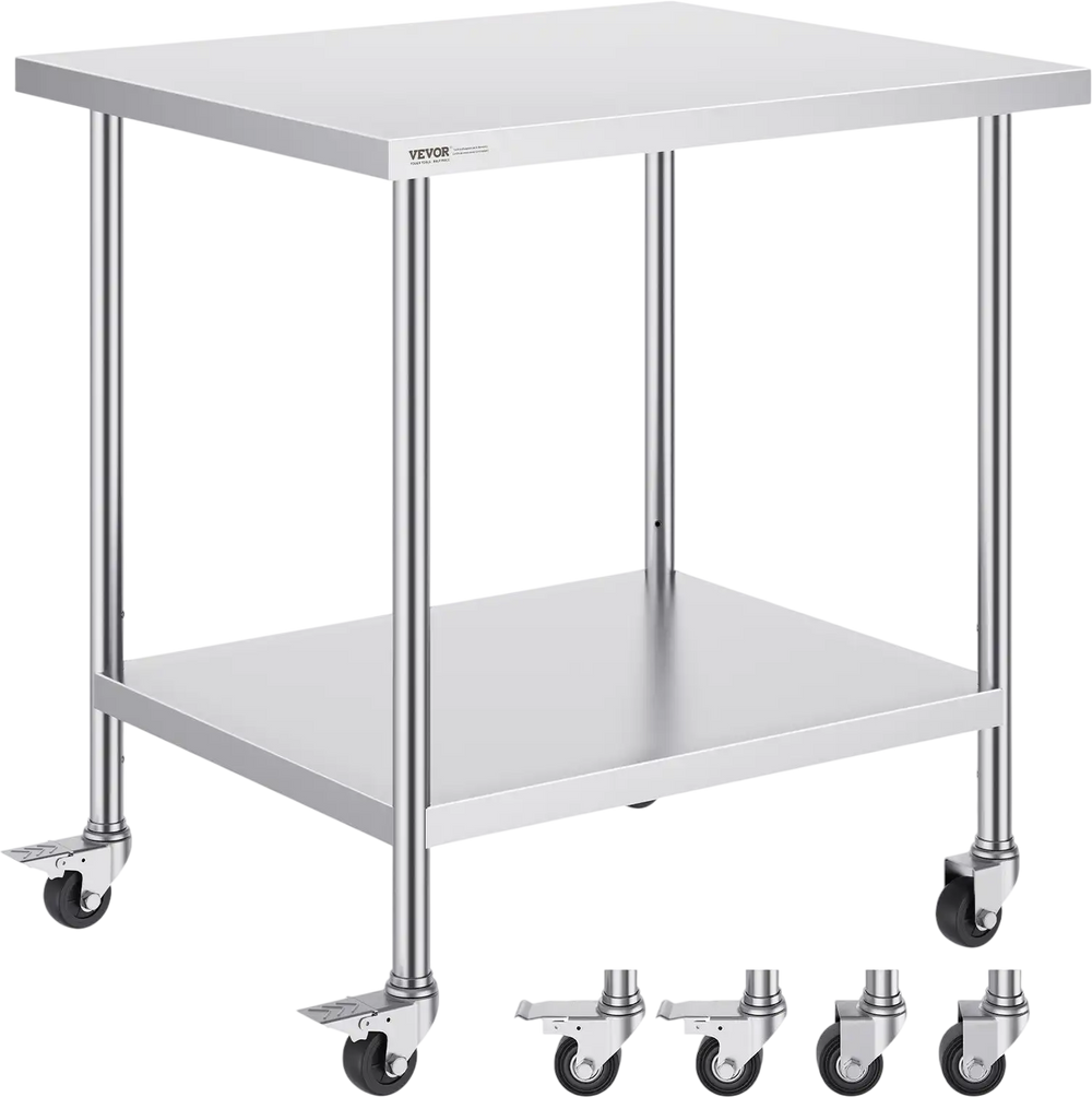 VEVOR Stainless Steel Work Table 30 x 18 x 38 Inch, with 4 Wheels, 3 Adjustable Height Levels, Heavy Duty Food Prep Worktable for Commercial Kitchen Restaurant, Silver