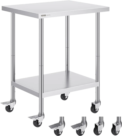 VEVOR Stainless Steel Work Table 24 x 30 x 38 Inch, with 4 Wheels, 3 Adjustable Height Levels, Heavy Duty Food Prep Worktable for Commercial Kitchen Restaurant, Silver