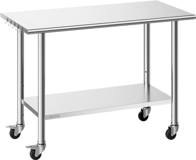 VEVOR Stainless Steel Work Table, 24x48 inch Food Prep Table with Wheels, Commercial Kitchen Workstation with Adjustable Undershelf, Metal Utility Worktable, for Restaurant Home Outdoor