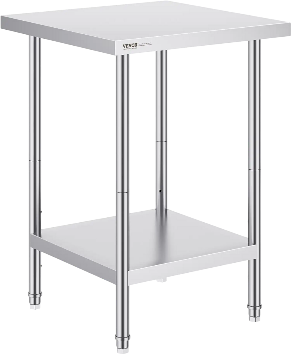 VEVOR Stainless Steel Prep Table, 24 x 24 x 34 Inch, 700 lbs Load Capacity, Heavy Duty Metal Worktable with 3 Adjustable Height Levels, Commercial Workstation for Kitchen Garage Restaurant Backyard