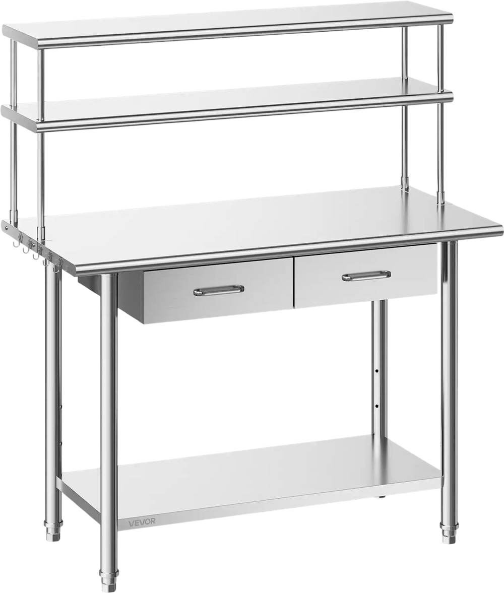 VEVOR Stainless Steel Work Table, 24x48 Inch Food Prep Table with Overshelves and 2 Drawers, Commercial Kitchen Workstation with Adjustable Undershelf, Metal Utility Worktable, for Restaurant Garage