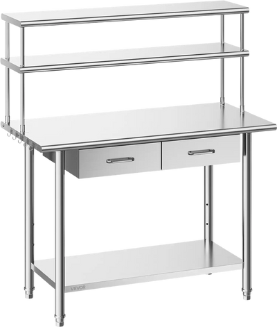 VEVOR Stainless Steel Work Table, 24x48 Inch Food Prep Table with Overshelves and 2 Drawers, Commercial Kitchen Workstation with Adjustable Undershelf, Metal Utility Worktable, for Restaurant Garage