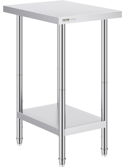 VEVOR Stainless Steel Prep Table, 24 x 18 x 34 Inch, 640 lbs Load Capacity, Heavy Duty Metal Worktable with 3 Adjustable Height Levels, Commercial Workstation for Kitchen Garage Restaurant Backyard