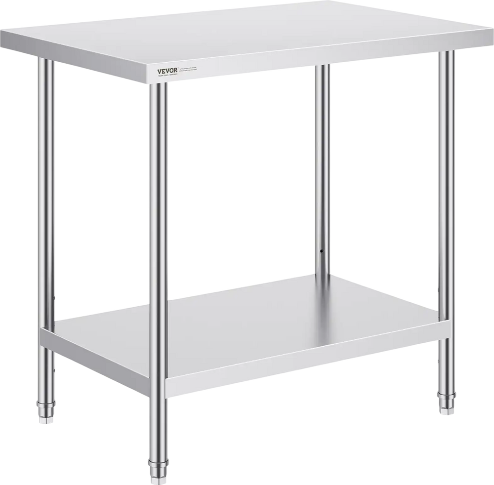 VEVOR Stainless Steel Prep Table, 24 x 36 x 34 Inch, 750 lbs Load Capacity, Heavy Duty Metal Worktable with 3 Adjustable Height Levels, Commercial Workstation for Kitchen Garage Restaurant Backyard