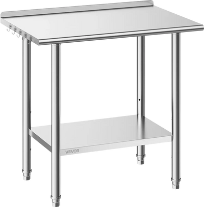 VEVOR Stainless Steel Work Table, 24x36 Inch Food Prep Table with Backsplash, Commercial Kitchen Workstation with Adjustable Undershelf, Metal Heavy Duty Utility Worktable, for Restaurant Home Outdoor