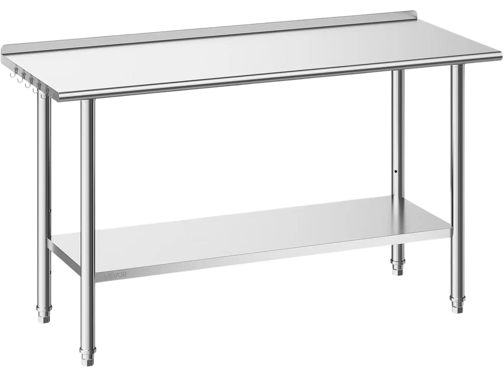 VEVOR Stainless Steel Work Table, 24x60 Inch Food Prep Table with Backsplash, Commercial Kitchen Workstation with Adjustable Undershelf, Metal Heavy Duty Utility Worktable, for Restaurant Home Outdoor