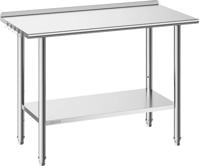 VEVOR Stainless Steel Work Table, 24x48 Inch Food Prep Table with Backsplash, Commercial Kitchen Workstation with Adjustable Undershelf, Metal Heavy Duty Utility Worktable, for Restaurant Home Outdoor