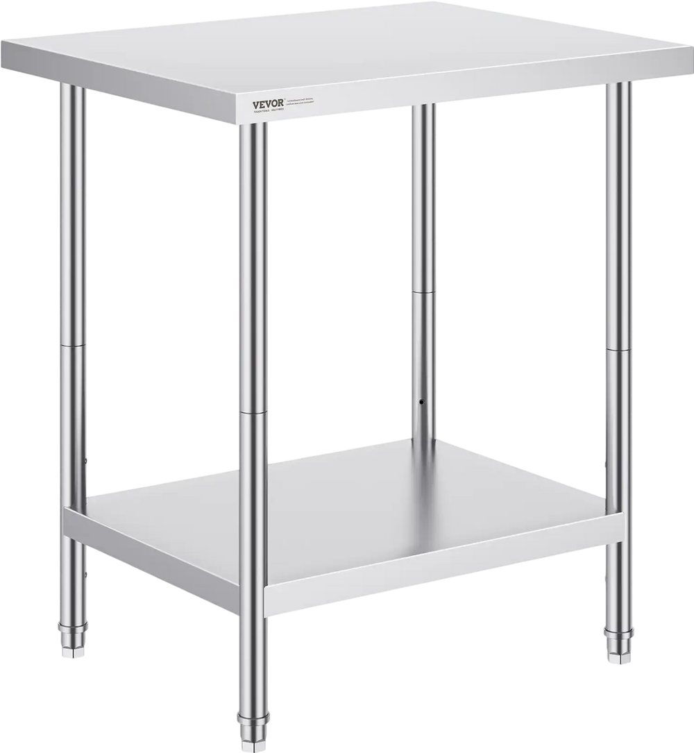 VEVOR Stainless Steel Prep Table, 24 x 30 x 34 Inch, 700 lbs Load Capacity, Heavy Duty Metal Worktable with 3 Adjustable Height Levels, Commercial Workstation for Kitchen Garage Restaurant Backyard