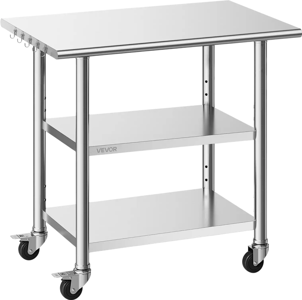 VEVOR Stainless Steel Work Table, 24x36 Inch Food Prep Table with 2 Shelves and Wheels, Commercial Kitchen Workstation, Metal Heavy Duty Utility Worktable, for Restaurant Home Hotel Garage Outdoor