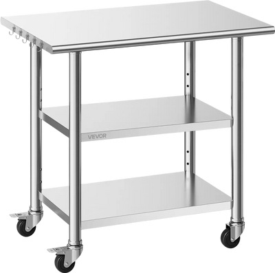 VEVOR Stainless Steel Work Table, 24x36 Inch Food Prep Table with 2 Shelves and Wheels, Commercial Kitchen Workstation, Metal Heavy Duty Utility Worktable, for Restaurant Home Hotel Garage Outdoor