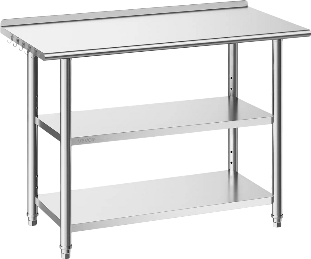 VEVOR Stainless Steel Work Table, 24x48 Inch Food Prep Table with 2 Shelves and Backsplash, Commercial Kitchen Workstation, Metal Heavy Duty Utility Worktable, for Restaurant Home Hotel Garage Outdoor