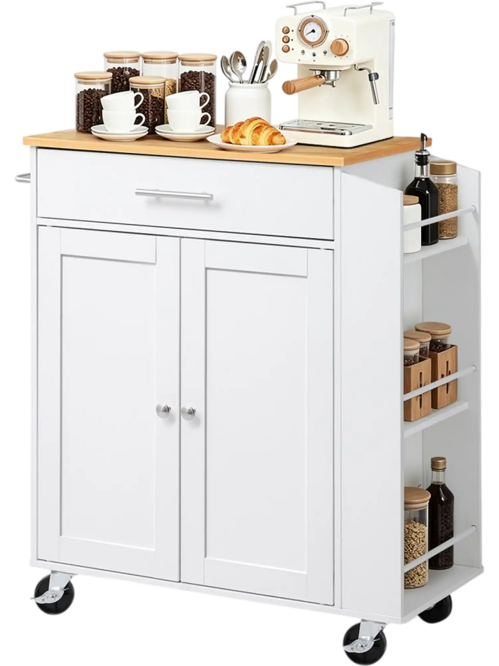 VEVOR Kitchen Island Cart with Storage, 31.3 in Wide Mobile Rolling Storage Island on Swivel Wheels, with Drawer, Storage Cabinet, Spice/Towel Rack,  Table for Home Dining Room, White