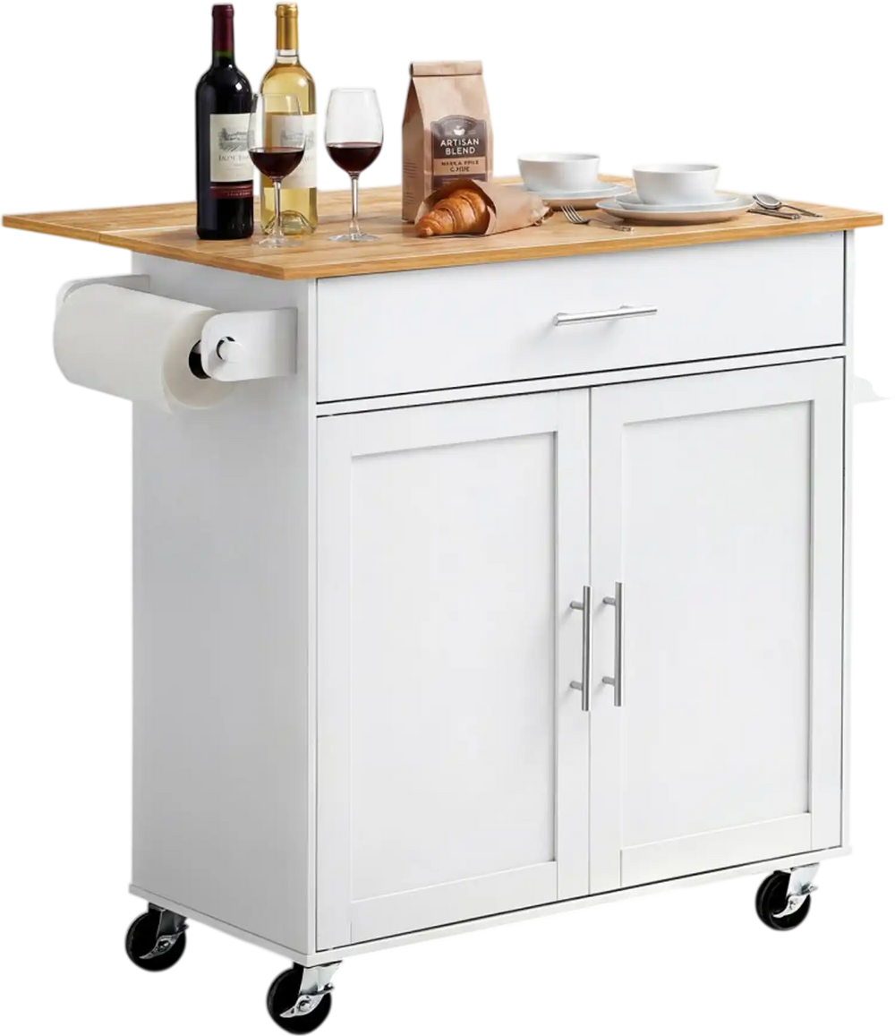 VEVOR Kitchen Island Cart with Storage, 42.28 in Wide Mobile Rolling Storage Island on Swivel Wheels, with Drawer, Storage Cabinet, Drop Leaf, Spice Rack, Table for Home Dining Room, White