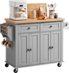 VEVOR Kitchen Island Cart with Storage, 43.7 in Wide Mobile Rolling Storage Island on Swivel Wheels, with 2 Drawers, Storage Cabinet, Spice/Towel Rack, Hooks, Table for Home Dining Room, Gray