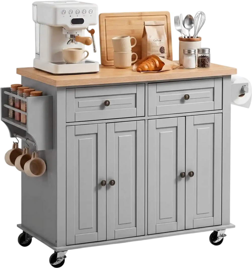 VEVOR Kitchen Island Cart with Storage, 43.7 in Wide Mobile Rolling Storage Island on Swivel Wheels, with 2 Drawers, Storage Cabinet, Spice/Towel Rack, Hooks, Table for Home Dining Room, Gray