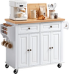 VEVOR Kitchen Island Cart with Storage, 43.7 in Wide Mobile Rolling Storage Island on Swivel Wheels, with 2 Drawers, Storage Cabinet, Spice/Towel Rack, Hooks, Table for Home Dining Room, White