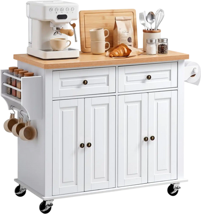 VEVOR Kitchen Island Cart with Storage, 43.7 in Wide Mobile Rolling Storage Island on Swivel Wheels, with 2 Drawers, Storage Cabinet, Spice/Towel Rack, Hooks, Table for Home Dining Room, White