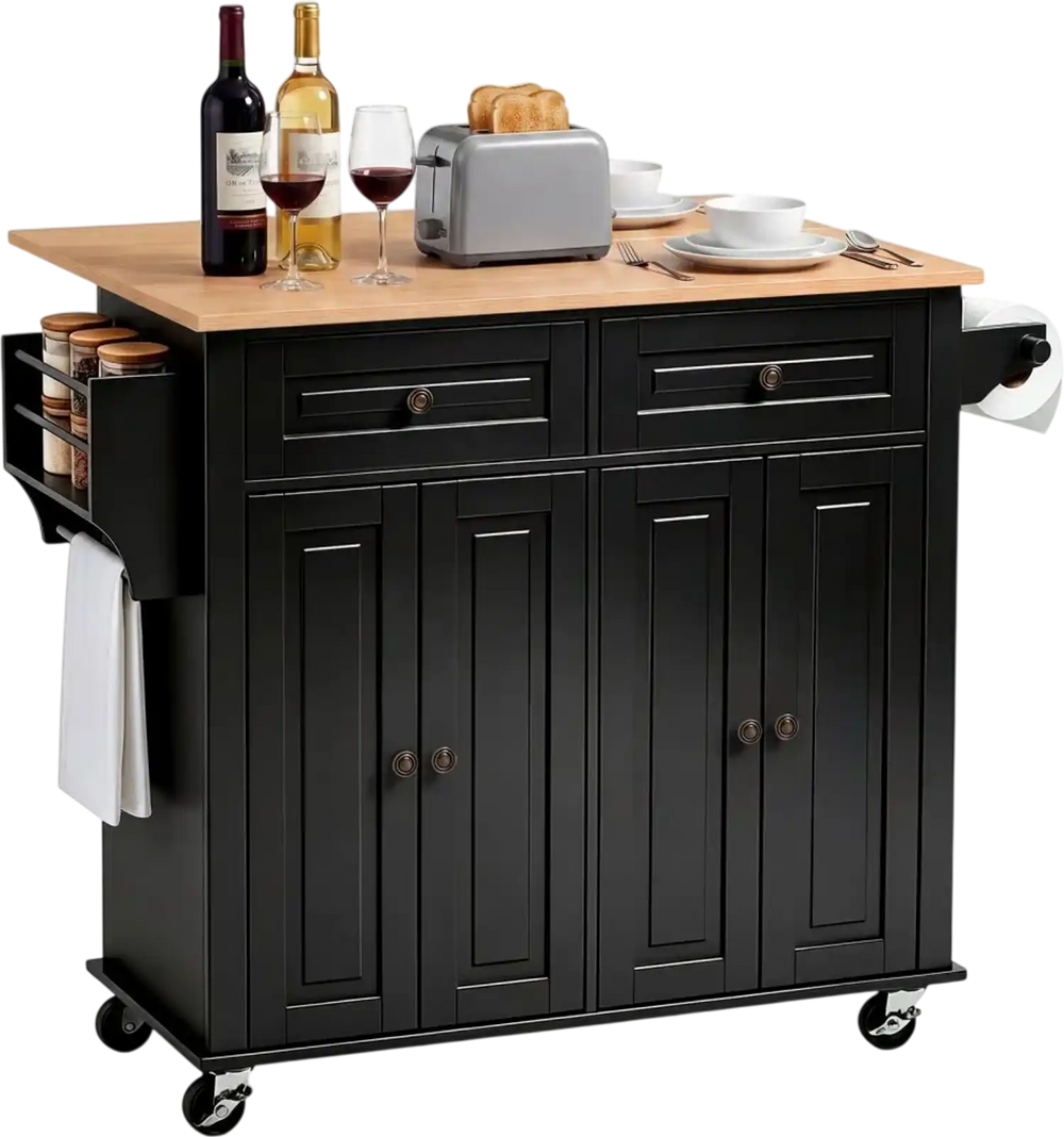 VEVOR Kitchen Island Cart with Storage, 43.58 in Wide Mobile Rolling Storage Island on Swivel Wheels, with 2 Drawers, Storage Cabinet, Drop Leaf, Spice/Towel Rack, Table for Home Dining Room, Black