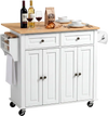 VEVOR Kitchen Island Cart with Storage, 43.58 in Wide Mobile Rolling Storage Island on Swivel Wheels, with 2 Drawers, Storage Cabinet, Drop Leaf, Spice/Towel Rack, Table for Home Dining Room, White