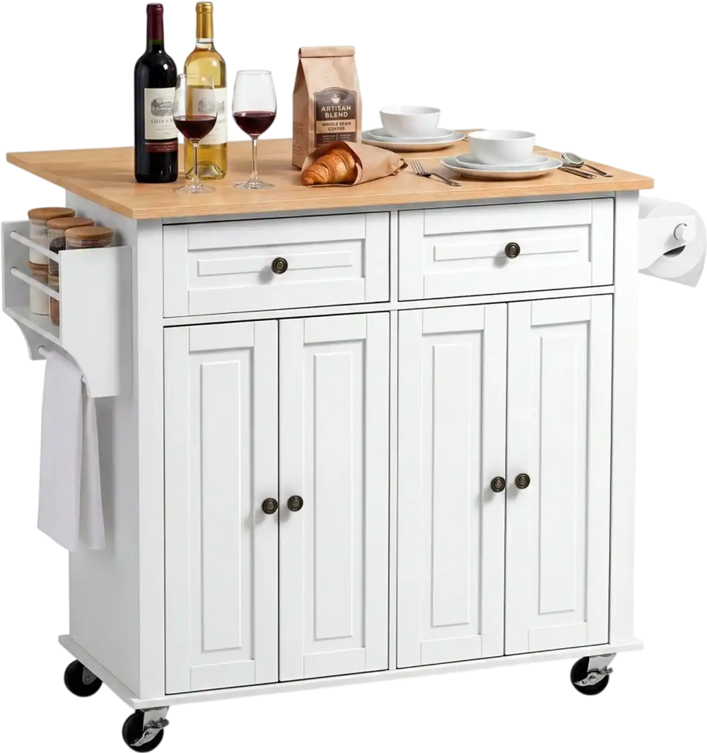 VEVOR Kitchen Island Cart with Storage, 43.58 in Wide Mobile Rolling Storage Island on Swivel Wheels, with 2 Drawers, Storage Cabinet, Drop Leaf, Spice/Towel Rack, Table for Home Dining Room, White