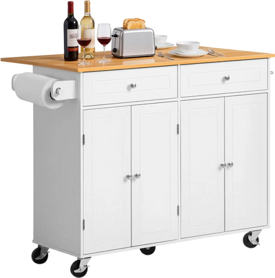Vevor Kitchen Island Cart Mobile Storage Cabinet with Drop Leaf White New