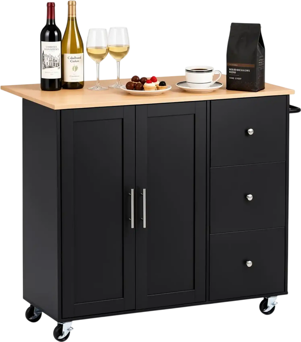 VEVOR Kitchen Island Cart with Storage, 42.4 in Wide Mobile Rolling Storage Island on Swivel Wheels, with 3 Drawers, Storage Cabinet, Drop Leaf, Towel Rack, Table for Home Dining Room, Black