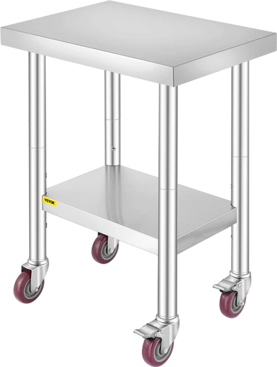 VEVOR Stainless Steel Work Table 24 x 18 x 34 Inch, 700 LBS Load Capacity with 4 Wheels, 3 Adjustable Height Levels, Heavy Duty Food Prep Worktable for Commercial Kitchen Restaurant, Silver