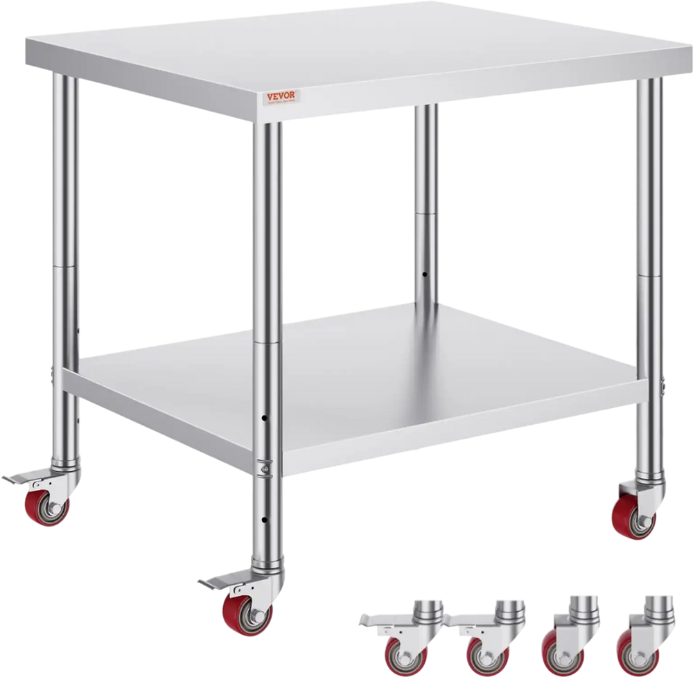 VEVOR Stainless Steel Work Table 36 x 30 x 34 Inch, 700 LBS Load Capacity with 4 Wheels, 3 Adjustable Height Levels, Heavy Duty Food Prep Worktable for Commercial Kitchen Restaurant, Silver