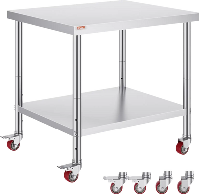 VEVOR Stainless Steel Work Table 36 x 30 x 34 Inch, 700 LBS Load Capacity with 4 Wheels, 3 Adjustable Height Levels, Heavy Duty Food Prep Worktable for Commercial Kitchen Restaurant, Silver