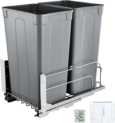 Vevor Pull-Out Trash Can Double Under Mount Kitchen Waste Container Soft-Close Grey 100 Qt New