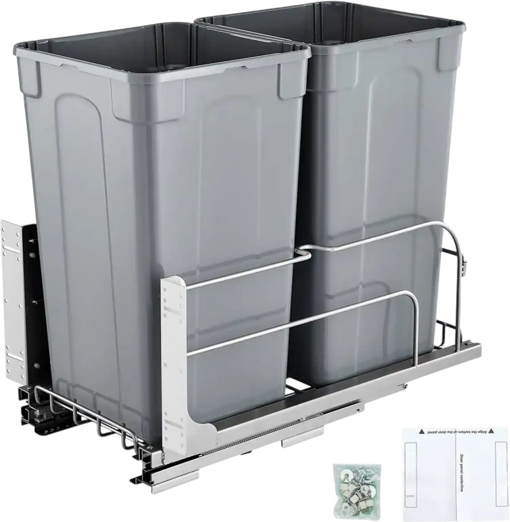 VEVOR Pull-Out Trash Can, 27 QT x2 Double Under Mount Kitchen Waste Container, Heavy Duty Garbage Recycling Bin with Door Kit and Soft Close Slide, for Kitchen Cabinet, Sink, Under Counter (Grey)
