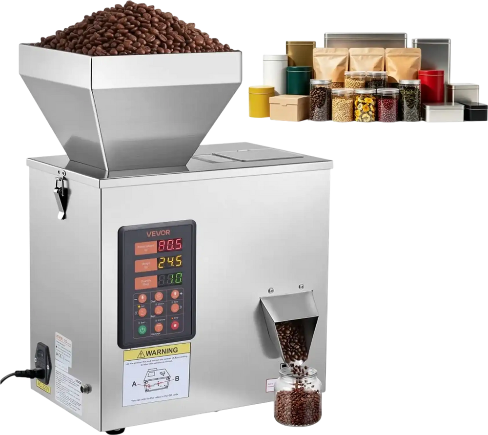 VEVOR Powder Filling Machine, 1-99.9g (0.002-0.22lbs) Automatic Particle Dispenser, High Accuracy, Stainless Steel, Intelligent Weighing Dispensing Filler for Coffee Beans, Grains, Tea, Spices, Silver