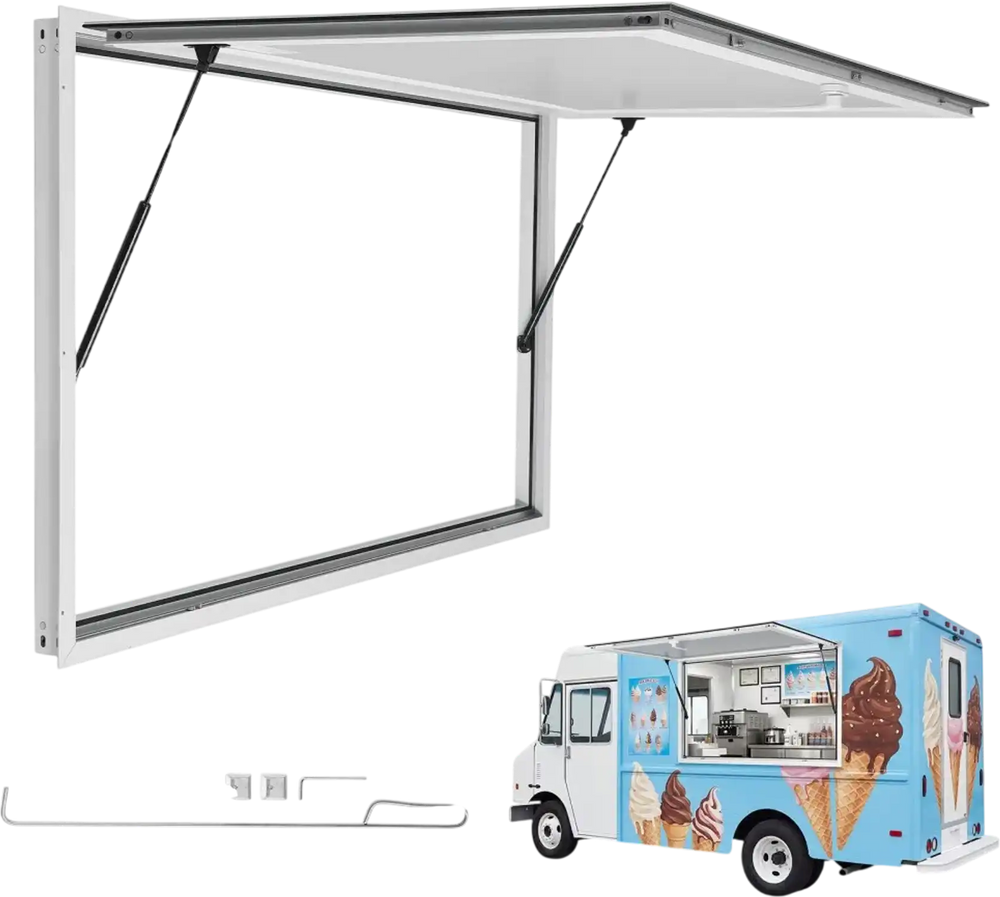 VEVOR Concession Window 60x36 in Aluminum Alloy Frame Service Window, for Food Truck, Up to 85 Degrees Stand Serving Windows with Awning Door and Drag Hook, Rainwater Resistant for Concession Trailer