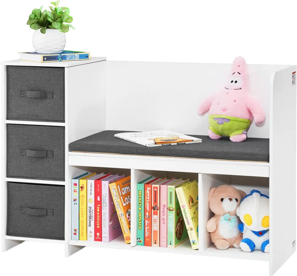 VEVOR Kids Reading Nook Bench, Toddler Bookshelf and Bookcase with Detachable Seat Cushion, 6-Cubby Storage Organizer Bench with 3 Drawers, Ideal for Playroom, Bedroom, Living Room or Entryway, White