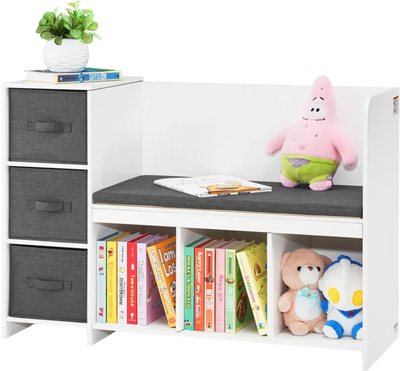 Vevor Kids Reading Nook Bench 6-Cubby Storage with 3 Drawers White New