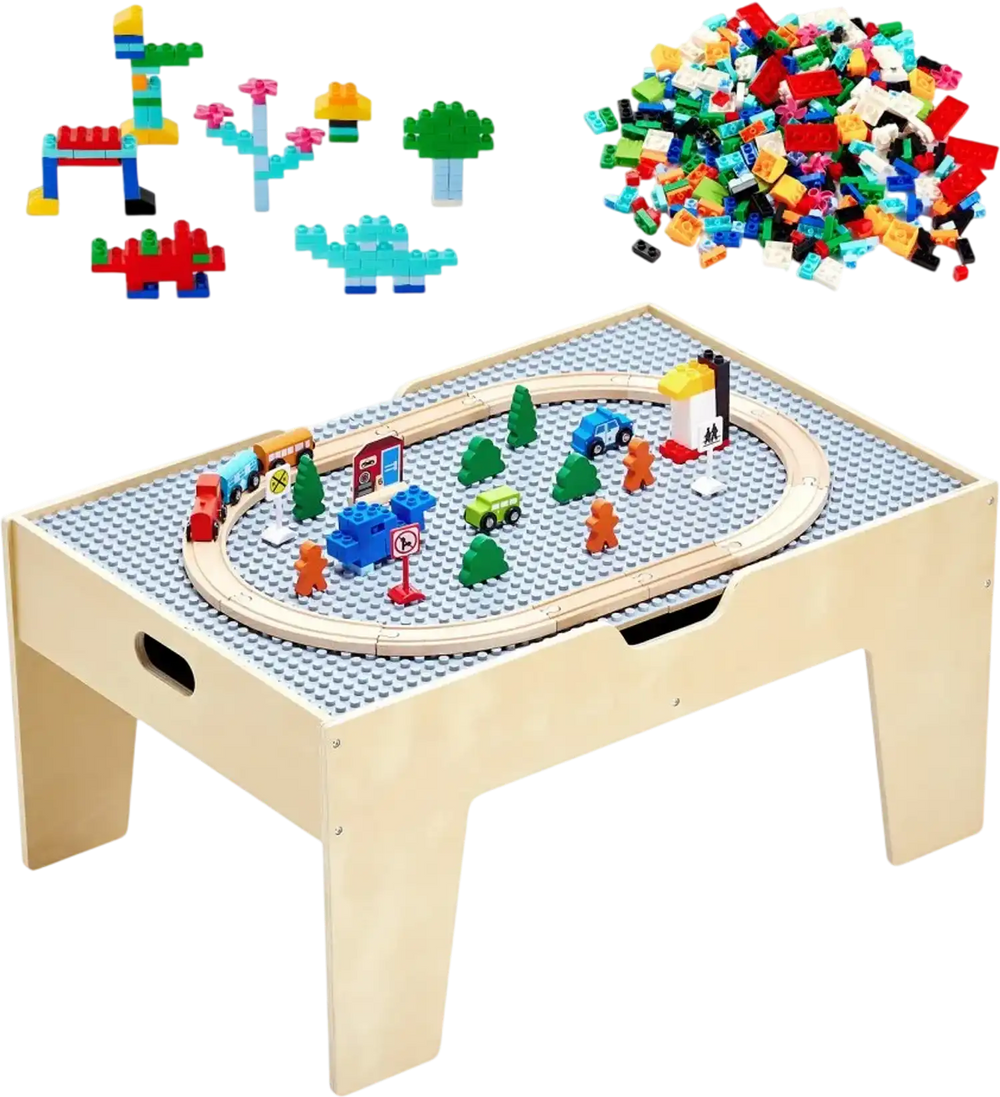 VEVOR Multi-Purpose Activity Play Table, 290 Building Bricks and 30-Piece Wooden Train Set Railway, Vehicles, Tracks and Accessories, Wooden Kids Activity Table with Storage Area for Kids Ages 3+