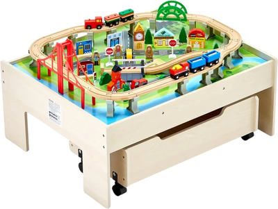 VEVOR Train Table, 100 Multicolor Pieces Wooden Kids Activity Table with Rolling Storage Drawer, 3-in-1 Wooden Train Set for Gaming, Drawing, Reading, Eating, Creative Toy Set for Kids Ages 3+