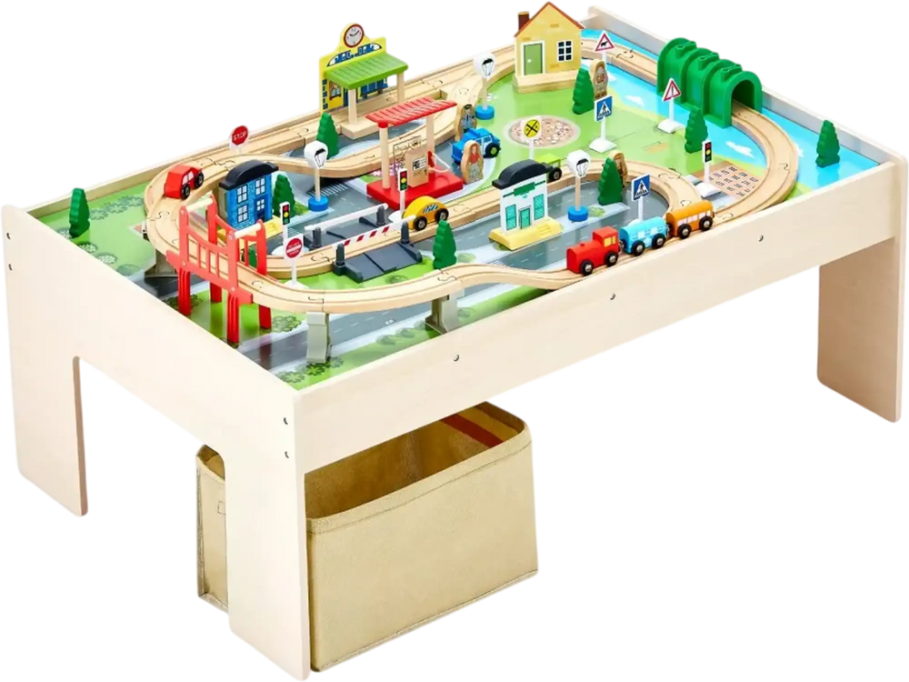 VEVOR Train Table, 84 Multicolor Pieces Wooden Kids Activity Table with Collapsible Storage Bin, 3-in-1 Wooden Train Set for Gaming, Drawing, Reading, Eating, Creative Toy Set for Kids Ages 3+