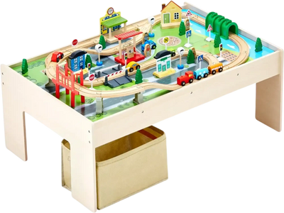 VEVOR Train Table, 84 Multicolor Pieces Wooden Kids Activity Table with Collapsible Storage Bin, 3-in-1 Wooden Train Set for Gaming, Drawing, Reading, Eating, Creative Toy Set for Kids Ages 3+