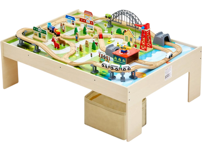 VEVOR Train Table, 120 Multicolor Pieces Wooden Kids Activity Table with Collapsible Storage Bin, 3-in-1 Wooden Train Set for Gaming, Drawing, Reading, Eating, Creative Toy Set for Kids Ages 3+
