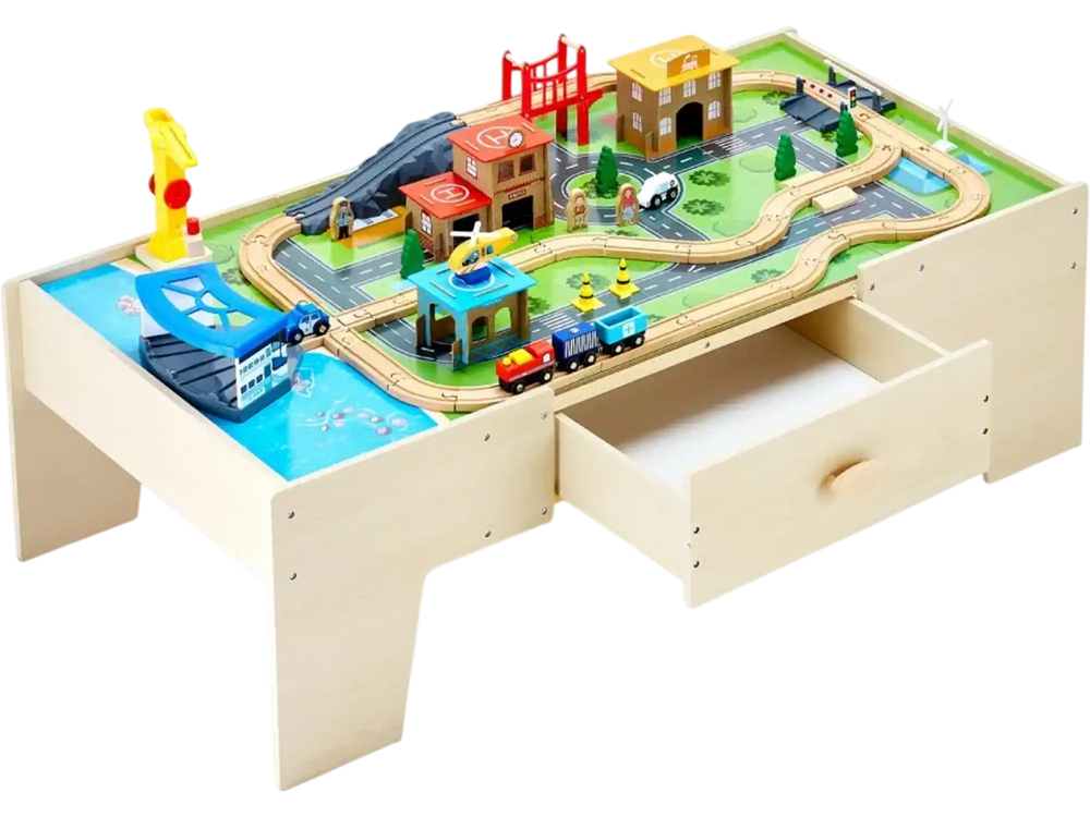 VEVOR Train Table, 62 Multicolor Pieces Wooden Kids Activity Table with Large Storage Drawer, 3-in-1 Wooden Train Set for Playing, Drawing, Reading, Eating, Creative Toy Set for Kids Ages 3+