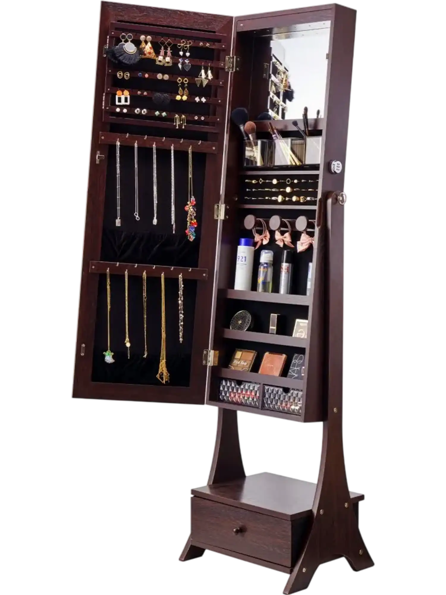 Vevor Jewelry Armoire Freestanding Mirror Cabinet with Storage Full-Length Brown New