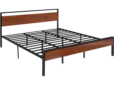 VEVOR King Size Bed Frame, 14 Inch Black Metal Platform Bed Frame with Retro Brown Wooden Headboard and Footboard, Large Under-Bed Storage, Non-Slip Without Noise, No Box Spring Needed, Easy Assembly