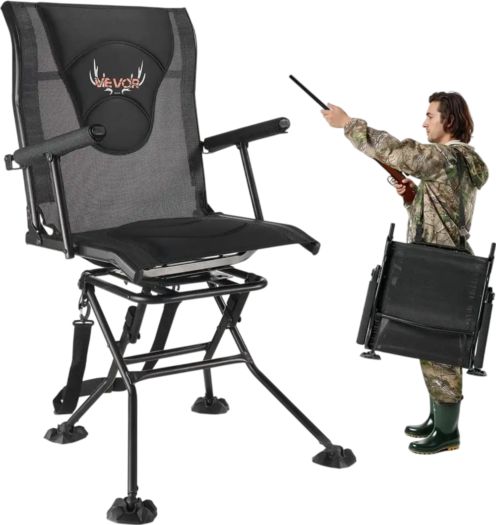 VEVOR Hunting Chair, 360° Silent Swivel, Foldable Portable Blind Chair, Heavy-Duty Steel Frame Ground Stool Seat, with Armrests, Adjustable Carry Strap, Anti-Sink Feet, 300 Lbs Capacity for Fishing