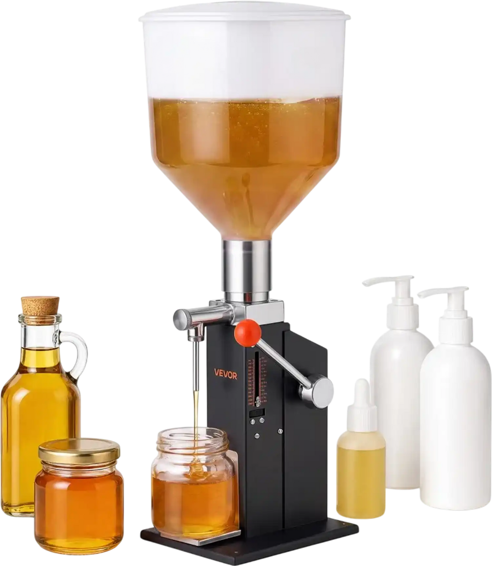 VEVOR Manual Filling Machine, 10-120 ml, 12 L Hopper, Paste Liquid Filler, for Water, Honey, Oil, Shampoo and Lotion, Anti-Drip Nozzle, Adjustable Bottle Stand, Carbon Steel Body, Effort-Saving Handle