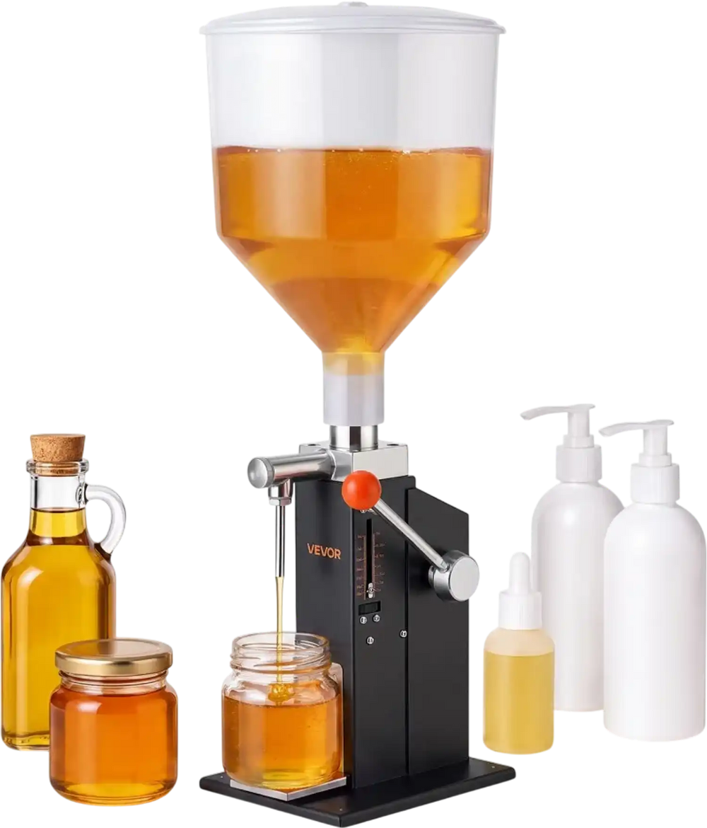 VEVOR Manual Filling Machine, 5-60 ml, 10 L Hopper, Paste Liquid Filler, for Water, Honey, Oil, Shampoo and Lotion, Anti-Drip Nozzle, Adjustable Bottle Stand, Carbon Steel Body, Effort-Saving Handle
