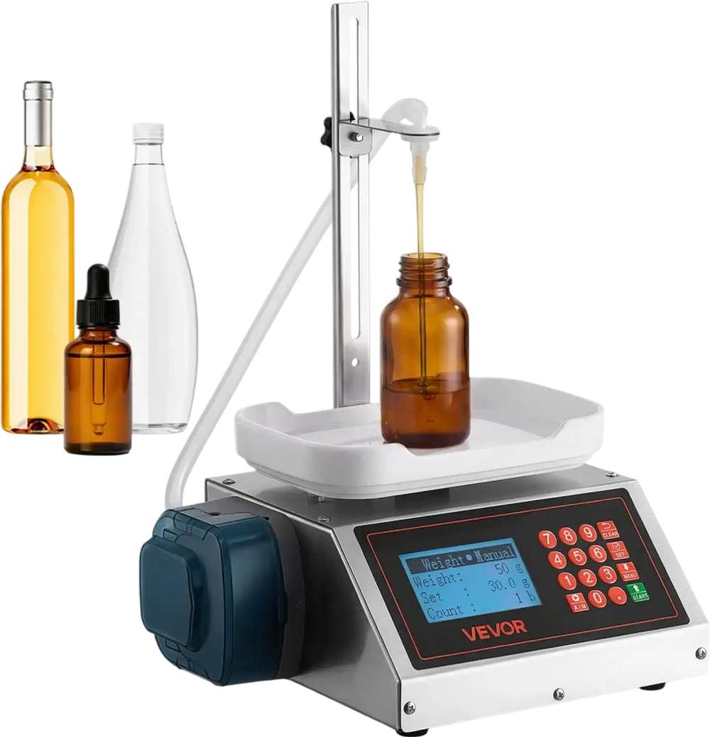 VEVOR Liquid Filling Machine, 2-300 g Recommend Automatic Bottle Filler, for Water, Beverages, Oils, Digital Weighing, Adjustable Stand, Stainless Steel Body, 6 Memory Presets, Anti-Drip Nozzle