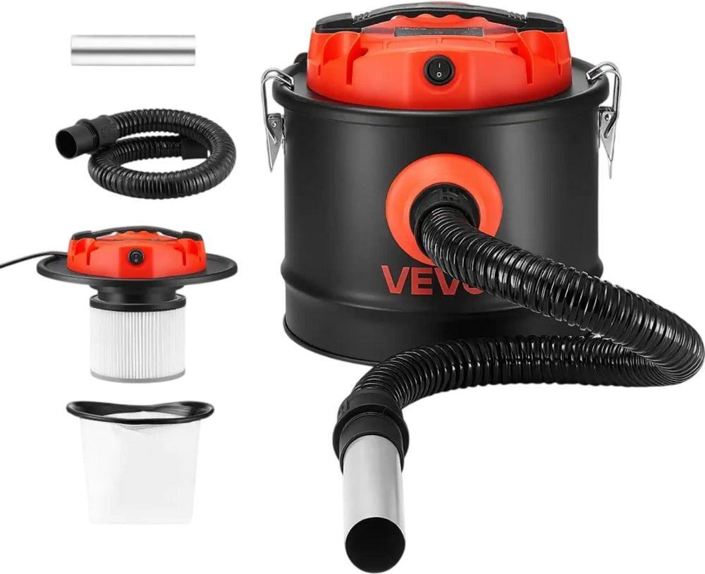 VEVOR Ash Vacuum 2.6 Gallon, 1200W Powerful Fireplace Cleaner Steel Body, for Fireplace, Pellet Stoves, Wood Stoves, Fire Pit, Grills, Double Stage Filtration System, 2.7 FT Hose, Black & Orange
